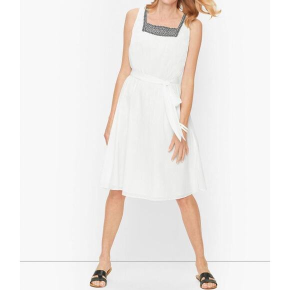 Talbots Dress Cotton Gauze Embroidered Square Neck Belted Women’s Size 10 White - Picture 1 of 9